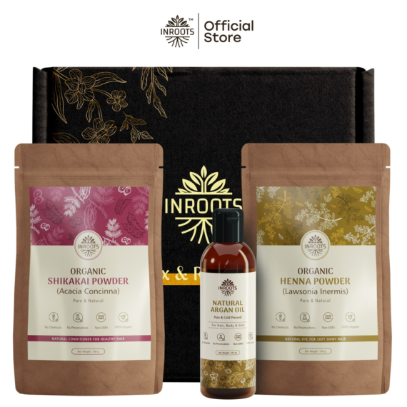 Inroots Herbal Natural Hair Colour Combo | 3 Pcs Value Set | Haircare Gift Set | Argan Oil + Shikakai Powder + Henna Powder