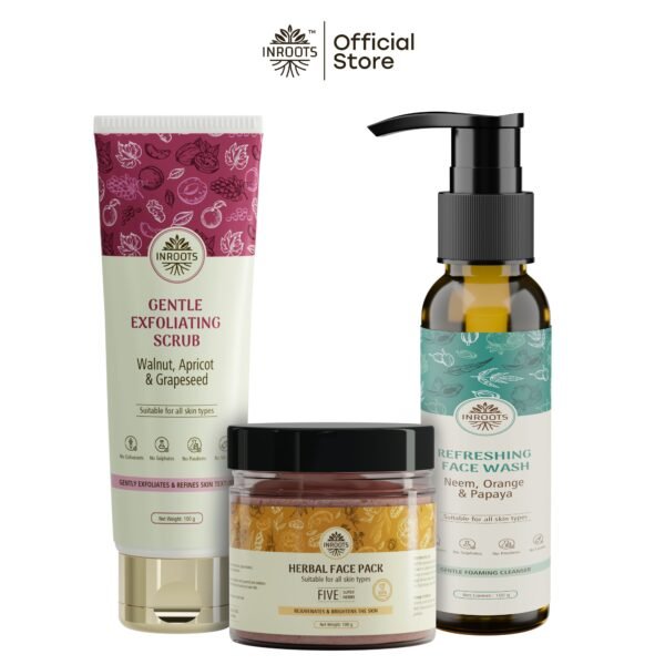 Inroots Refresh & Revive Combo | 3 Pcs Value Set | Skincare Gift Set | Face Wash + Scrub + Herbal Face Pack - Image 2
