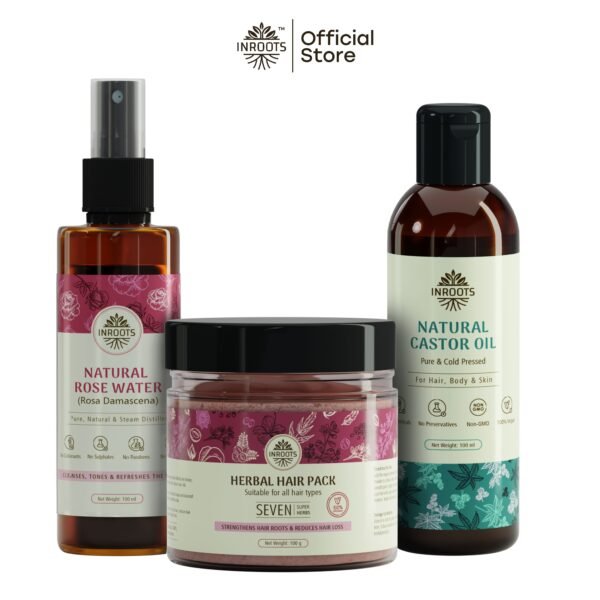 Inroots Herbal Hair Growth Combo | 3 Pcs Value Set | Haircare Gift Set | Castor Oil + Hair Pack + Natural Rose Water - Image 6