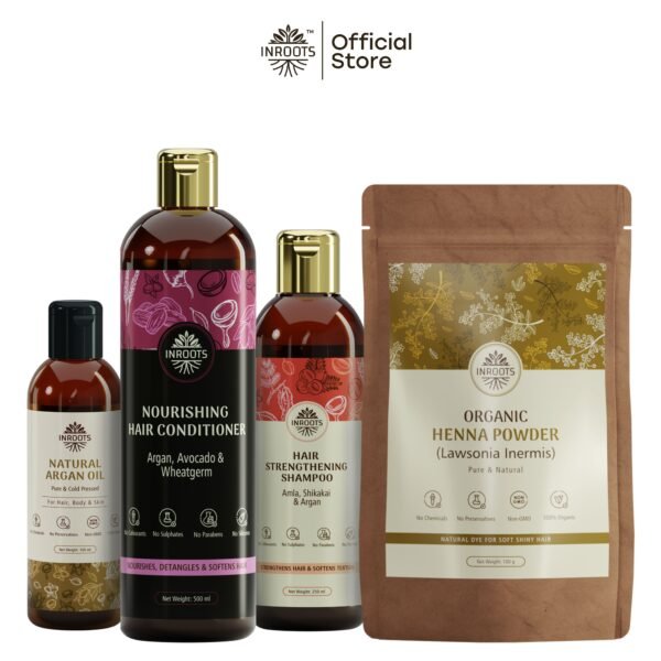 Inroots Natural Hair Colour Combo | 4 Pcs Value Set | Haircare Gift Set | Shampoo + Conditioner + Natural Argan Oil + Henna Powder - Image 2