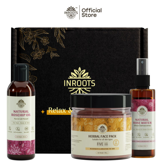 Inroots Herbal Skin Brightening Combo | 3 Pcs Value Set | Skincare Gift Set | Rosehip Oil + Face Pack + Rose Water