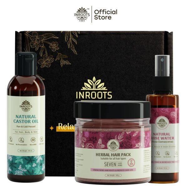 Inroots Herbal Hair Growth Combo | 3 Pcs Value Set | Haircare Gift Set | Castor Oil + Hair Pack + Natural Rose Water