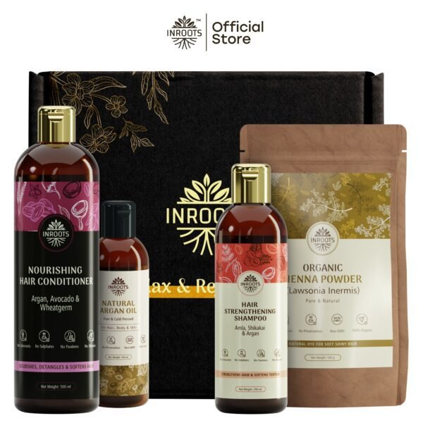 Inroots Natural Hair Colour Combo | 4 Pcs Value Set | Haircare Gift Set | Shampoo + Conditioner + Natural Argan Oil + Henna Powder