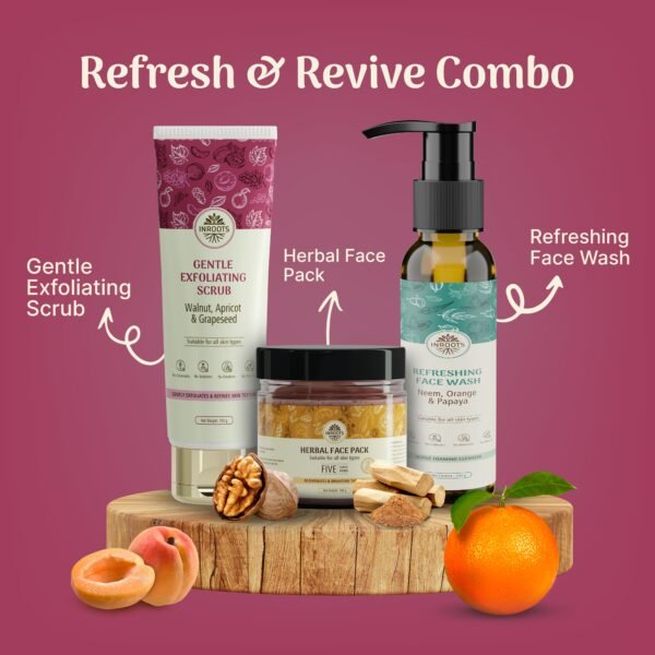 Inroots Refresh & Revive Combo | 3 Pcs Value Set | Skincare Gift Set | Face Wash + Scrub + Herbal Face Pack - Image 3