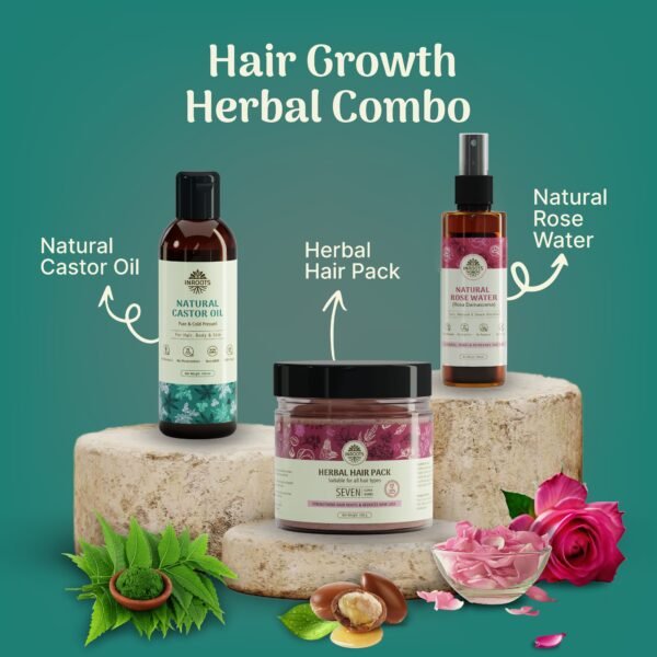 Inroots Herbal Hair Growth Combo | 3 Pcs Value Set | Haircare Gift Set | Castor Oil + Hair Pack + Natural Rose Water - Image 2