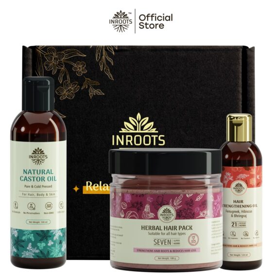 Inroots Herbal Hair Growth Combo | 3 Pcs Value Set | Haircare Gift Set | Castor Oil + Hair Pack + Hair Oil