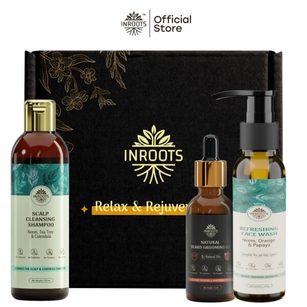 Inroots Men's Grooming Combo | 3 Pcs Value Set | Haircare Gift Set | Shampoo + Beard Oil + Face Wash