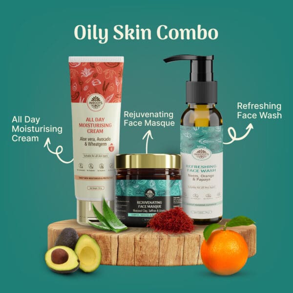 Inroots Oily Skin Combo | 3 Pcs Value Set | Skincare Gift Set | Face Wash + Moisturiser + Face Masque - Image 2