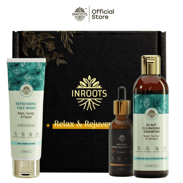 Inroots Men's Grooming Combo | 3 Pcs Value Set | Haircare Gift Set | Shampoo + Beard Oil + Face Wash