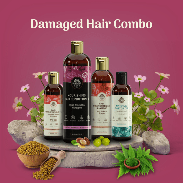 Inroots Damaged Hair (Hair Strengthening) Combo | 4 Pcs Value Set | Haircare Gift Set | Shampoo + Conditioner + Hair Oil + Castor Oil - Image 2