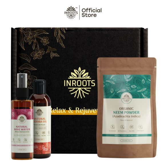 Inroots Herbal Oily & Problem Skin Combo | 3 Pcs Value Set | Skincare Gift Set | Jojoba Oil + Neem Powder + Rose Water