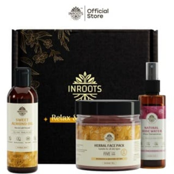 Inroots Herbal Skin Nourishing Combo | 3 Pcs Value Set | Skincare Gift Set | Almond Oil + Face Pack + Rose Water