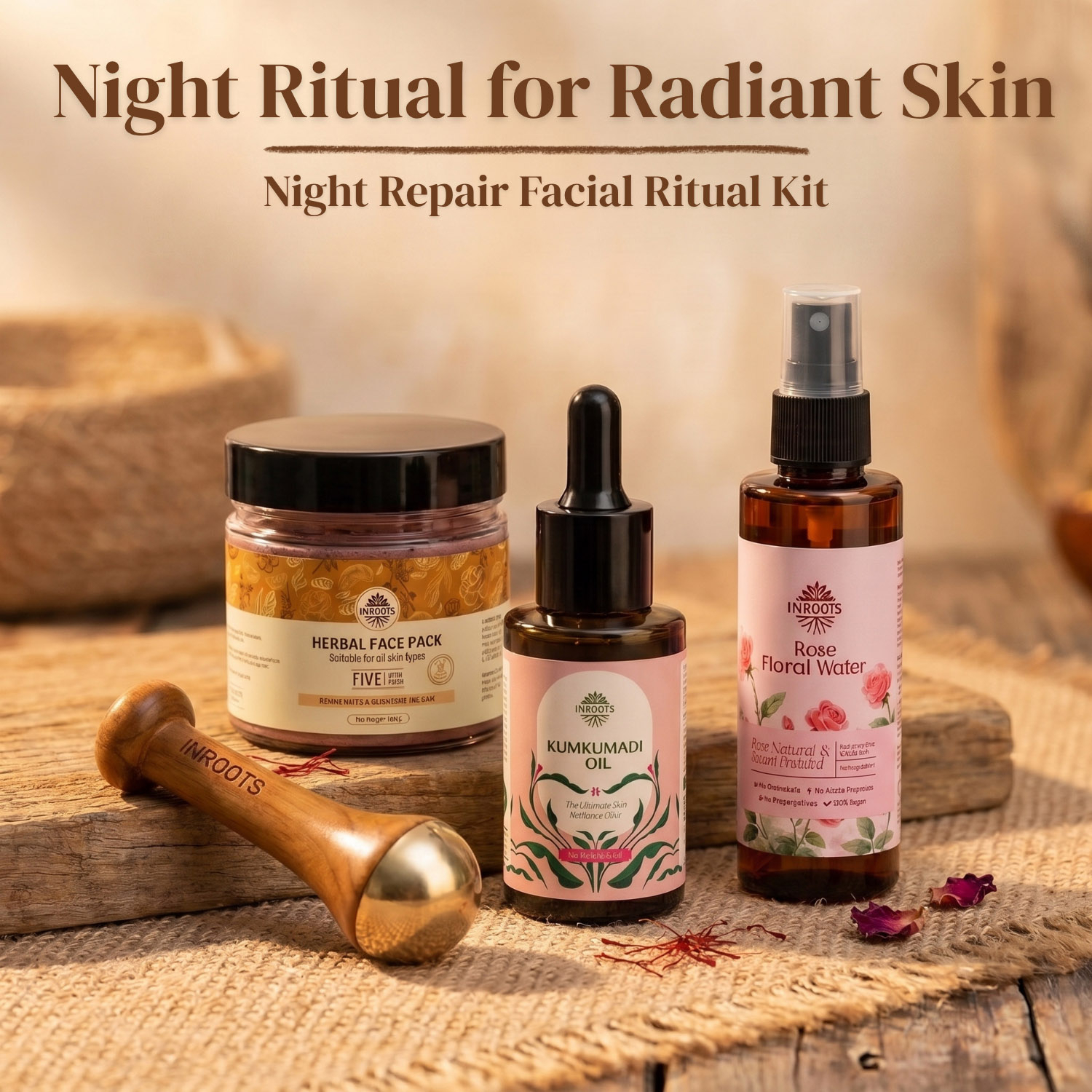 Inroots Night Repair Facial Ritual Kit | Kumkumadi Oil Skincare Set